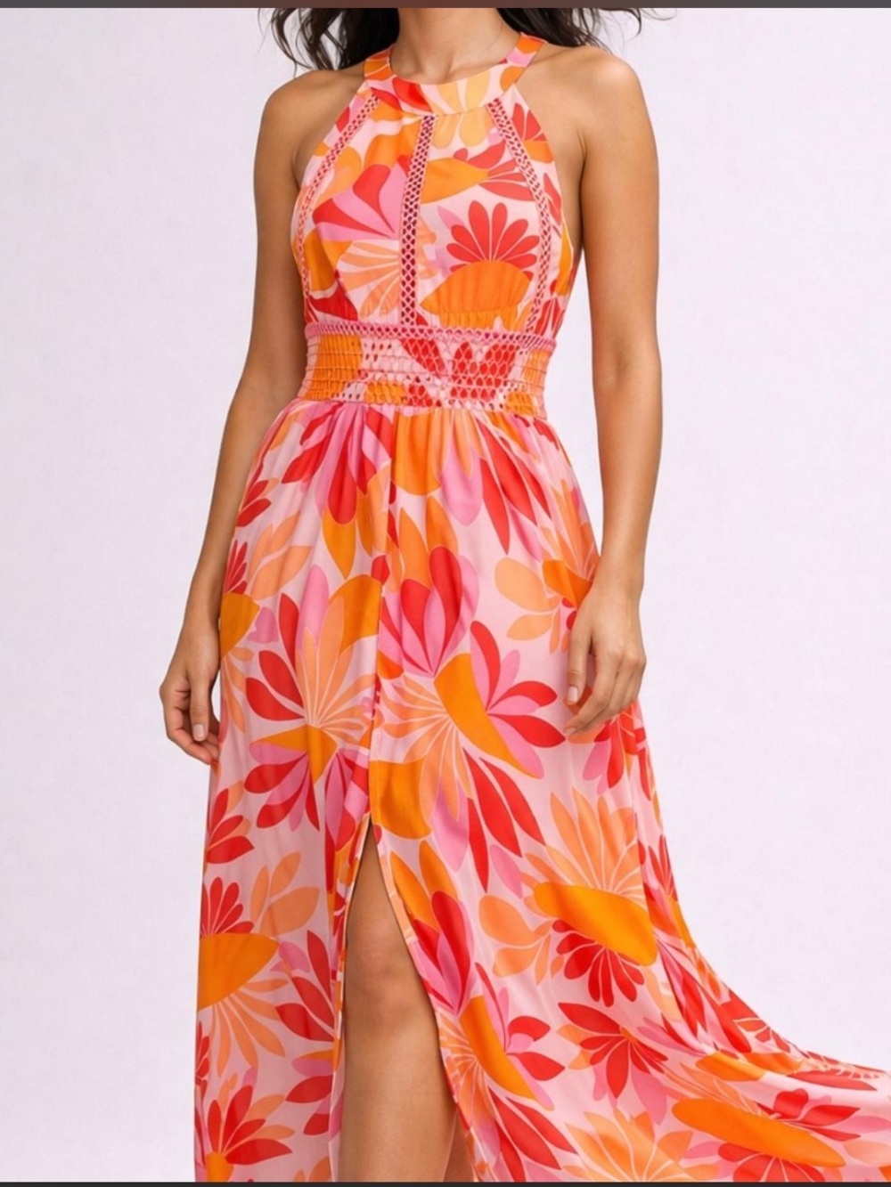 Anthropologie able the label Halter Floral Maxi Dress in Pink & Orange